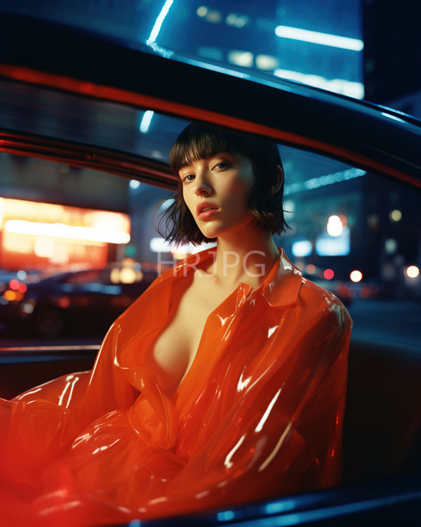 High Resolution: Asian woman short black hair sitting car night She wears shiny orange plastic-like coat that reveals her left breast download. | HRJPG.com
