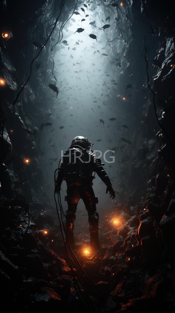 High Resolution: Lone astronaut dark underwater-like cave astronaut clad bulky metallic suit visible cables stands facing away surrounded numerous small shadowy download. | HRJPG.com
