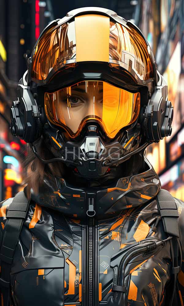 High Resolution: Futuristic armored figure reflective orange-tinted visor and helmet black and orange patterned suit black headphones download. | HRJPG.com