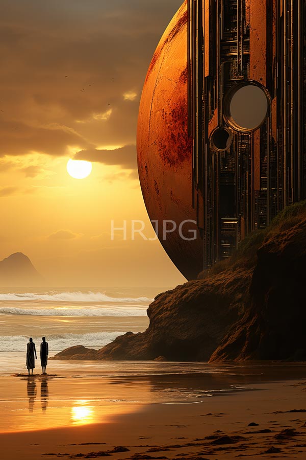 High Resolution: Sunset beach two silhouetted figures standing near water massive rust-colored spherical spaceship vertical metallic structures circular windows looms download. | HRJPG.com