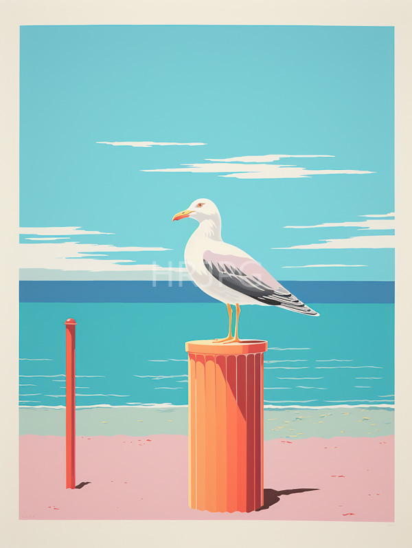 High Resolution: Seagull white and gray feathers yellow beak and legs perched orange cylindrical post pink sandy beach download. | HRJPG.com