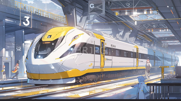 High Resolution: Anime-style modern white and yellow high-speed train futuristic station train marked "Hikari" and numbered 3 centered sleek curved lines download. | HRJPG.com