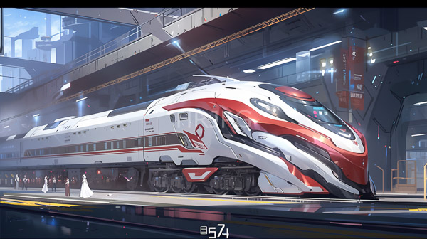 High Resolution: Sleek futuristic high-speed train white and red color scheme parked modern illuminated train station train's aerodynamic design features sharp download. | HRJPG.com