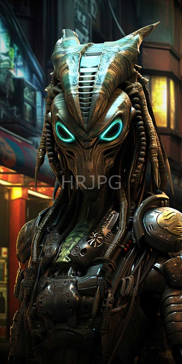 High Resolution: Futuristic humanoid alien metallic horned head glowing blue eyes intricate dark brown dreadlock-like appendages alien wears detailed armored shoulder download. | HRJPG.com