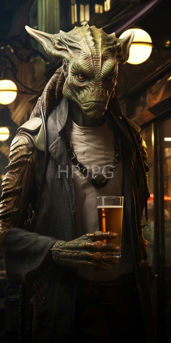 High Resolution: Humanoid lizard creature green textured skin wearing dark gray jacket over white shirt chunky necklace It holds glass download. | HRJPG.com