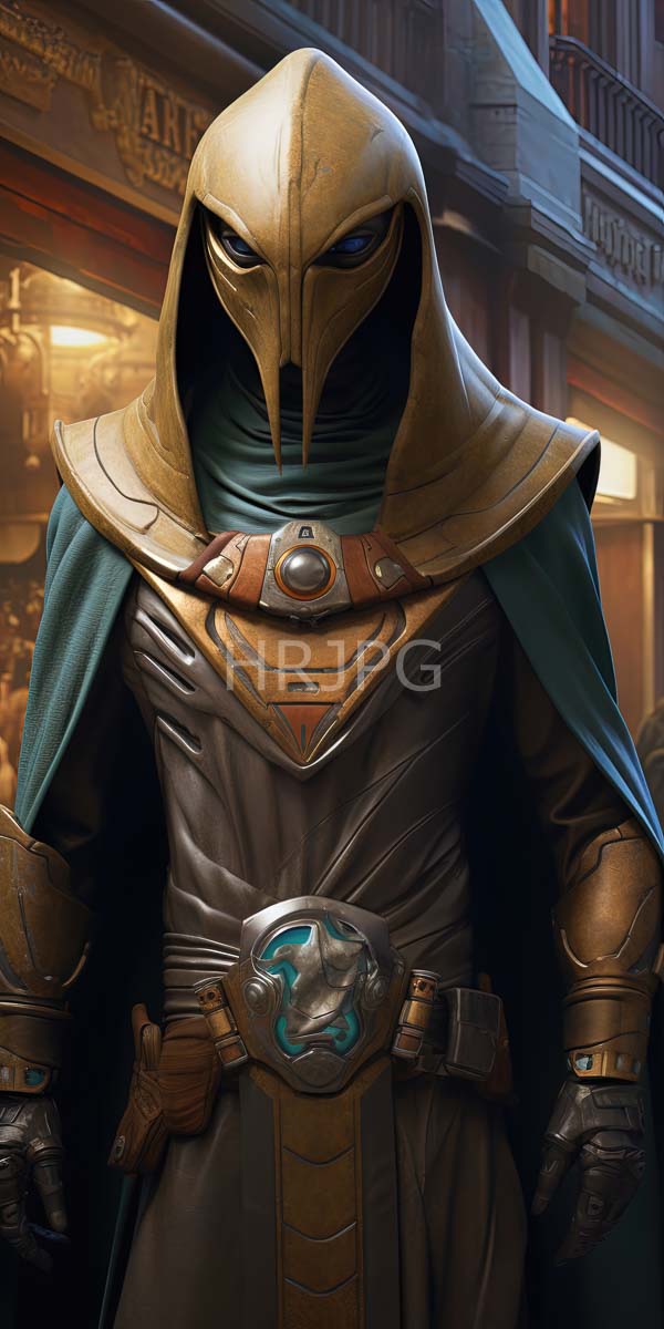 High Resolution: Mysterious armored figure golden bird-like helmet blue eyes wearing teal cloak over silver and brown armored suit stands dimly download. | HRJPG.com