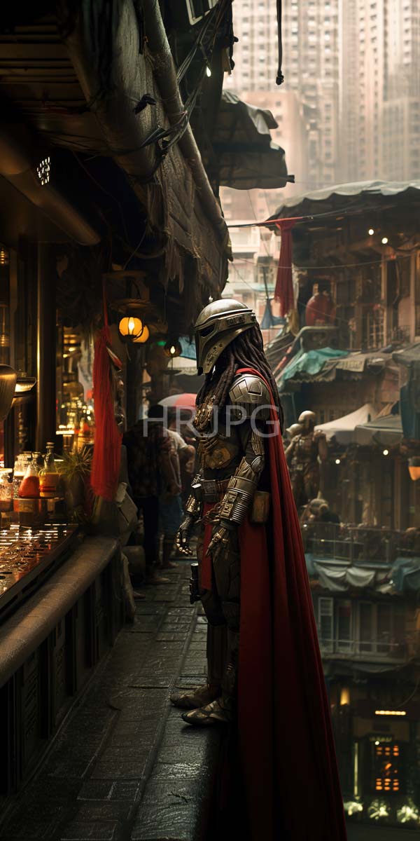 High Resolution: Futuristic armored figure helmet red cape standing wet narrow alleyway bustling foggy city figure resembling sci-fi warrior positioned right download. | HRJPG.com