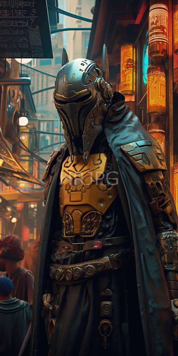 High Resolution: Futuristic armored figure neon-lit cyberpunk alley wears metallic horned helmet gold chest plate intricate designs covered dark tattered cloak download. | HRJPG.com