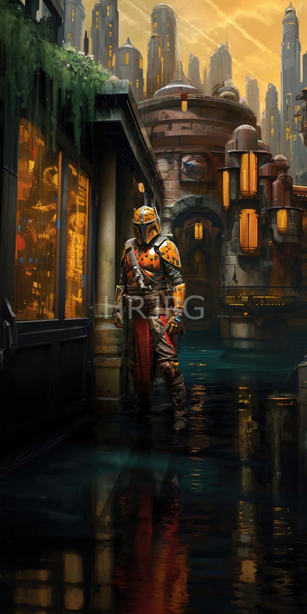 High Resolution: Futuristic rain-soaked cityscape heavily armored anthropomorphic tiger warrior standing reflective puddle warrior wears detailed metallic suit orange and black download. | HRJPG.com