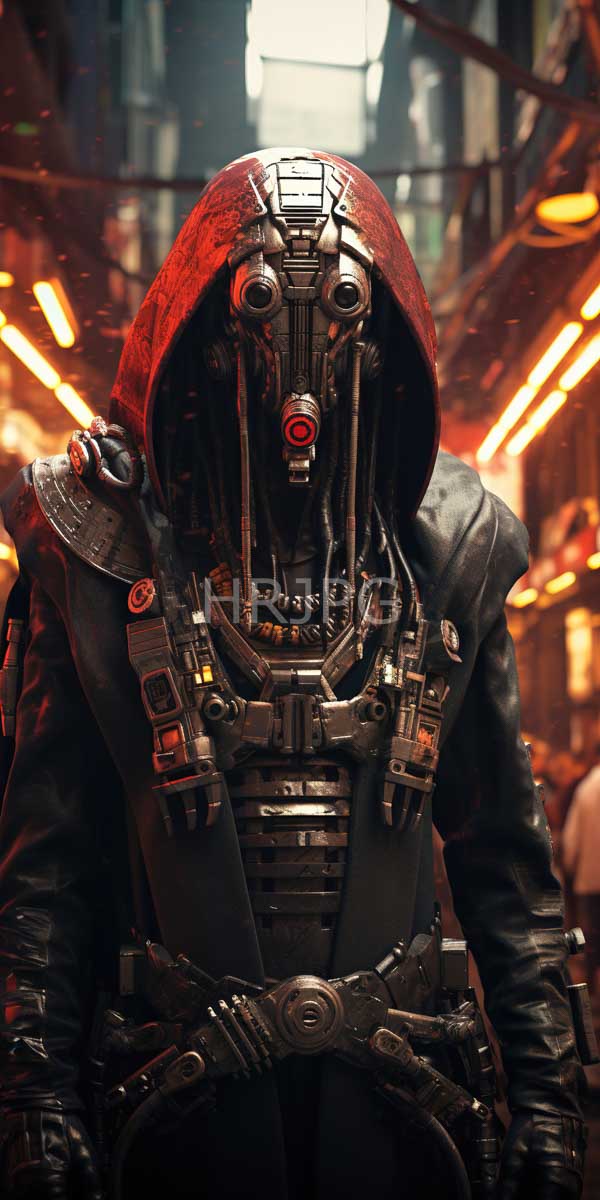 High Resolution: Futuristic dystopian character dark narrow alleyway wears red hooded cloak detailed gas mask-like face covering featuring mechanical elements and download. | HRJPG.com