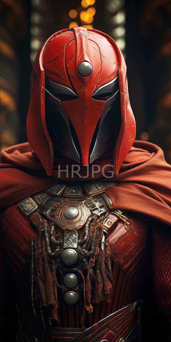 High Resolution: Character wearing red metallic Mandalorian-style helmet black accents red cape character's chest adorned intricate silver and brown ornate armor download. | HRJPG.com