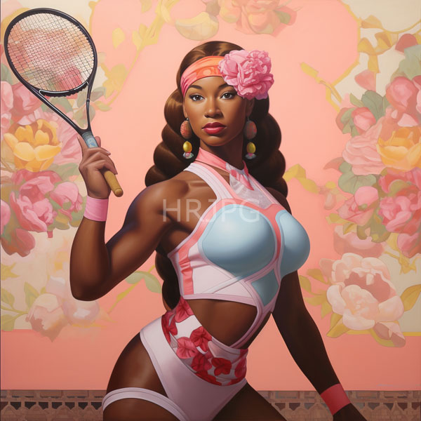 High Resolution: Muscular dark-skinned Black woman long wavy brown hair wearing pink flower headband pink and white tennis outfit yellow earrings download. | HRJPG.com