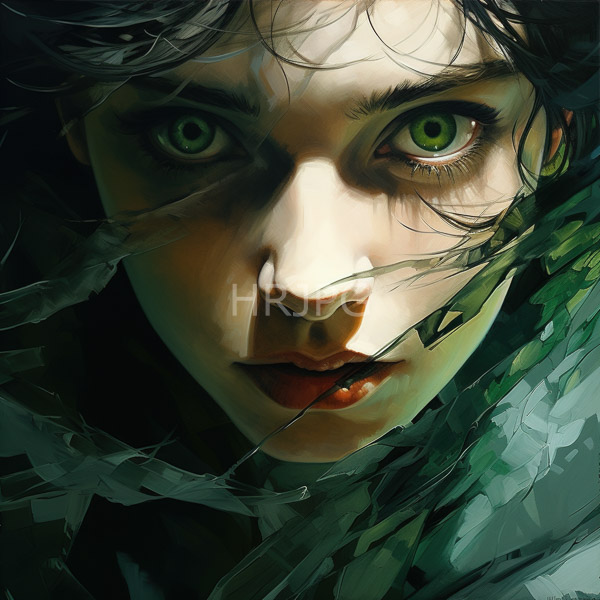 High Resolution: Young woman pale skin green eyes dark slightly messy hair She has serious expression slightly parted red lips download. | HRJPG.com
