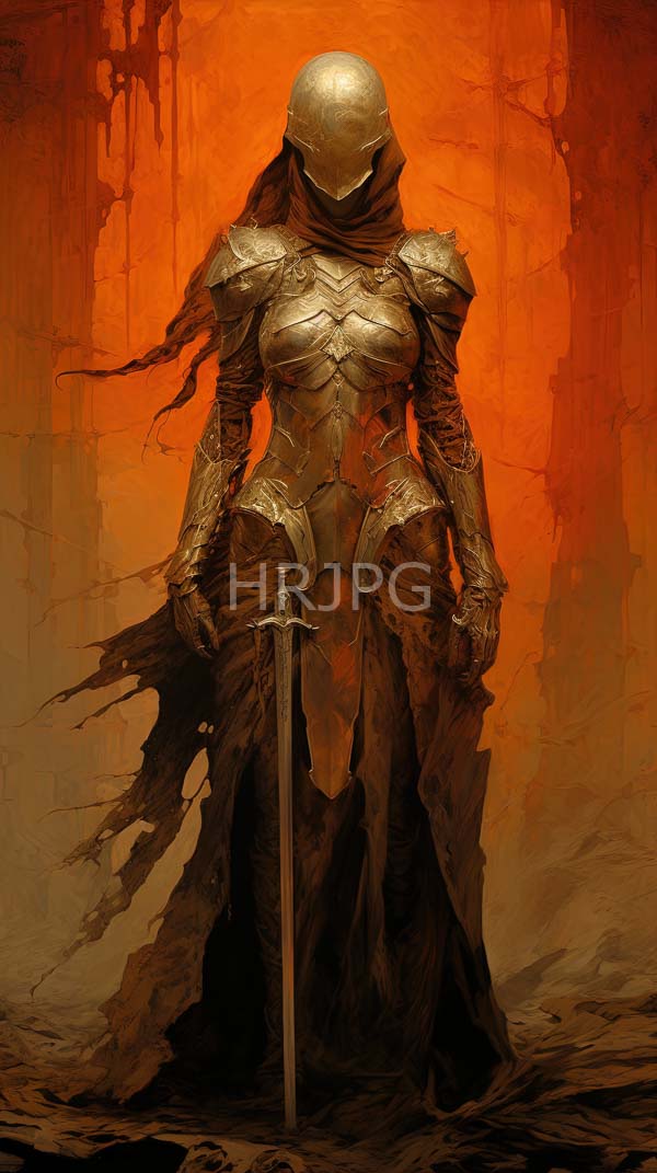 High Resolution: Mysterious armored female warrior metallic featureless helmet She wears intricately detailed golden armor high collar long tattered black download. | HRJPG.com