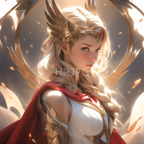 High Resolution: Blonde fair-skinned blue-eyed woman long wavy hair wearing golden winged crown red gemstone red cape She has white armored download. | HRJPG.com
