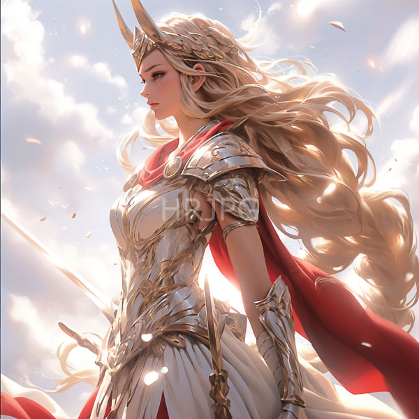 High Resolution: Beautiful blonde elf-like woman long flowing hair wearing ornate silver armor red cape She has golden horn her head and download. | HRJPG.com