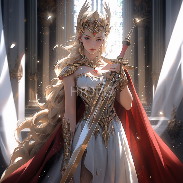 High Resolution: Beautiful blonde fair-skinned female warrior long wavy hair wearing golden crown ornate shoulder armor white strapless dress gold accents download. | HRJPG.com