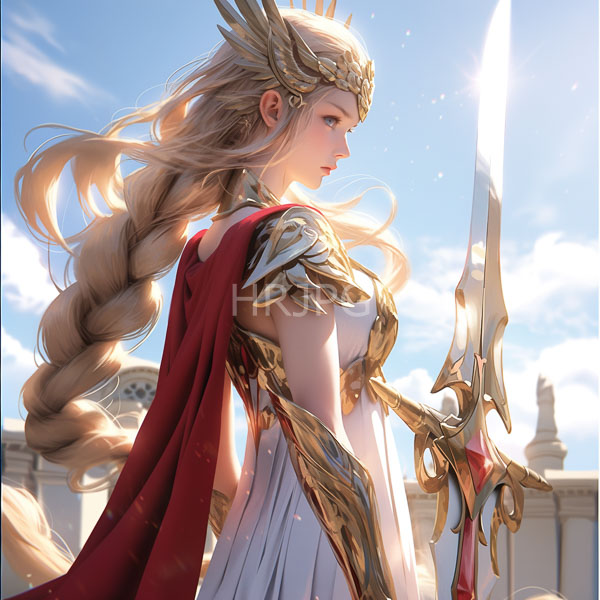 High Resolution: Blonde fair-skinned ethereal warrior woman long braided hair wearing gold crown red cape white-gold armor She holds glowing sword download. | HRJPG.com