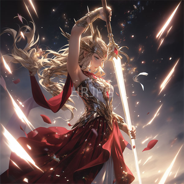 High Resolution: Blonde fair-skinned female warrior long flowing hair wearing gold crown ornate armor red and white dress She holds glowing download. | HRJPG.com