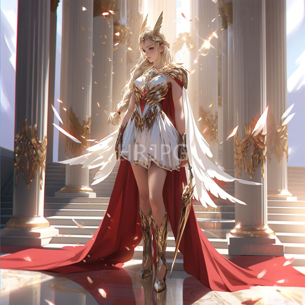 High Resolution: Blonde fair-skinned angelic warrior woman long braided hair wearing white gold-accented short dress red cape golden winged armor download. | HRJPG.com