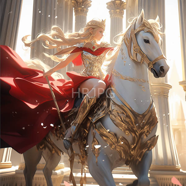 High Resolution: Blonde fair-skinned queen flowing hair wearing gold and red armor riding white ornately-gilded horse She holds red cape that download. | HRJPG.com