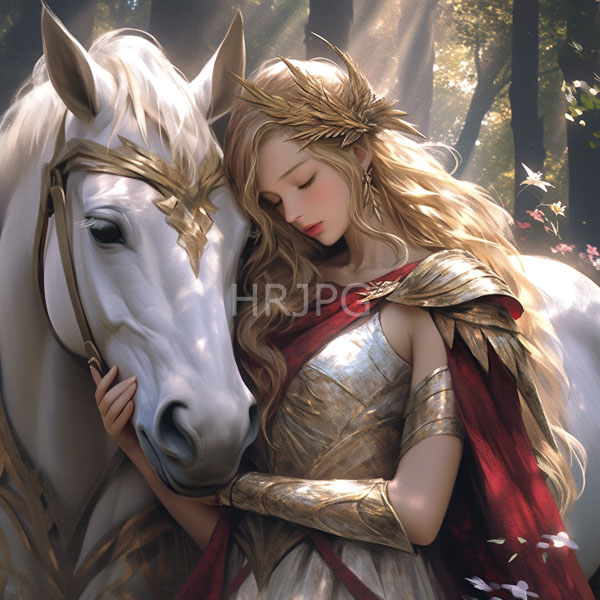 High Resolution: Serene blonde fair-skinned woman wavy hair wearing gold and red armor gently resting her head white horse's neck sunlit download. | HRJPG.com