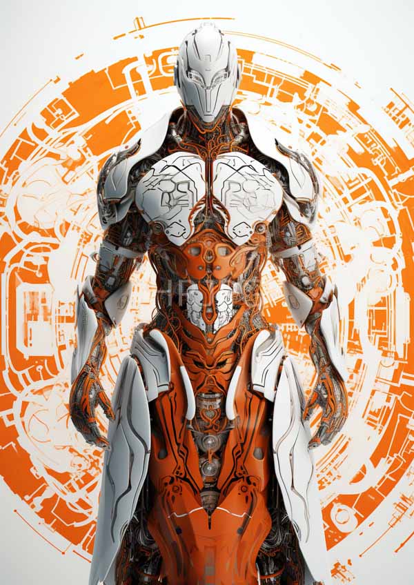 High Resolution: Futuristic humanoid robot sleek white helmet and armor robot's chest and abdomen display intricate organic patterns black and orange download. | HRJPG.com