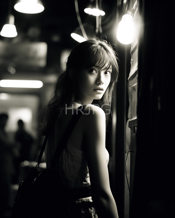 High Resolution: Black-and-white young Asian woman long slightly messy hair standing dimly lit narrow corridor She wears sleeveless patterned top and download. | HRJPG.com
