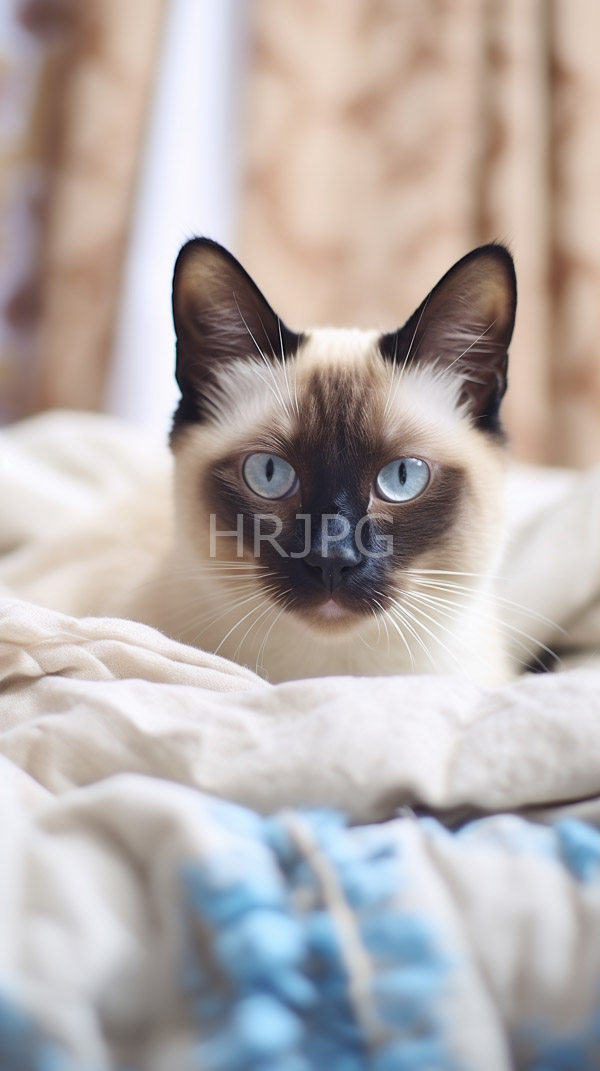 High Resolution: Siamese cat striking blue eyes dark brown ears and face cream-colored fur lying beige textured blanket download. | HRJPG.com