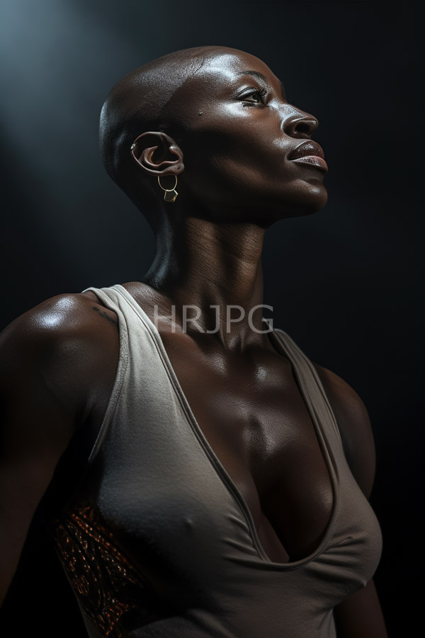 High Resolution: Muscular dark-skinned Black woman bald head wearing low-cut beige tank top that reveals her small perky breasts download. | HRJPG.com