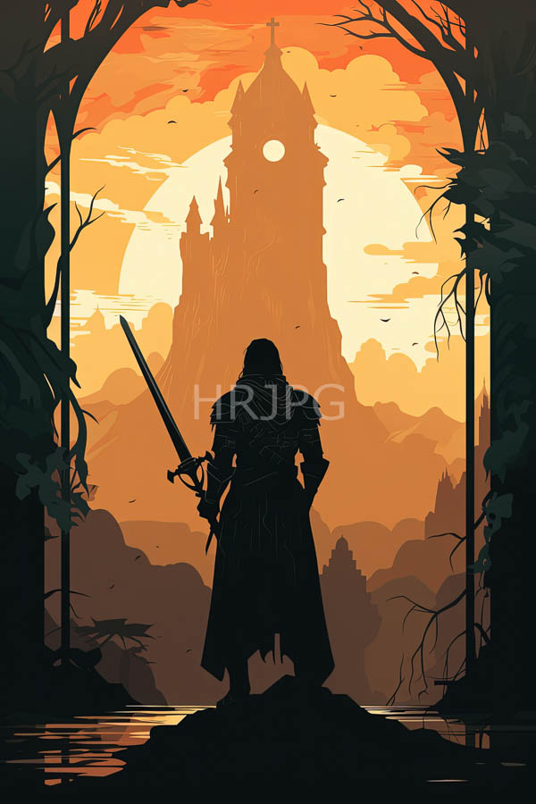 High Resolution: Silhouetted armored warrior sword standing dark archway-framed landscape features glowing orange sunset towering gothic castle full moon above download. | HRJPG.com