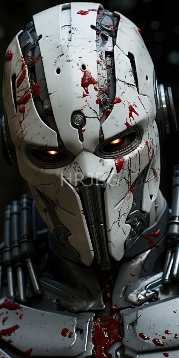 High Resolution: Damaged white humanoid robot blood splatters its helmet and chest robot has glowing orange eyes metallic faceplate and exposed download. | HRJPG.com