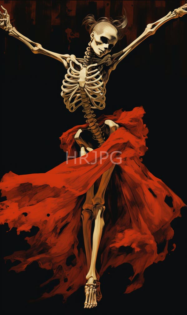 High Resolution: Skeletal figure human-like posture arms raised red flowing tattered skirt skeleton has hollow eye socket visible rib cage and download. | HRJPG.com