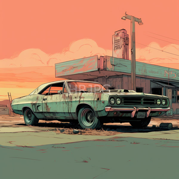 High Resolution: Weathered green vintage muscle car rust spots parked front dilapidated gas station sunset sky warm orange-pink with clouds download. | HRJPG.com