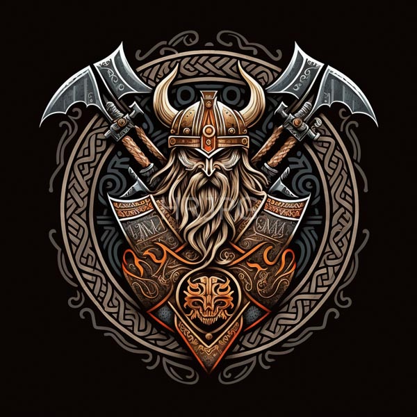 High Resolution: Viking warrior long flowing beard wearing horned helmet holding two double-edged axes warrior's stern face centered surrounded intricate Celtic download. | HRJPG.com