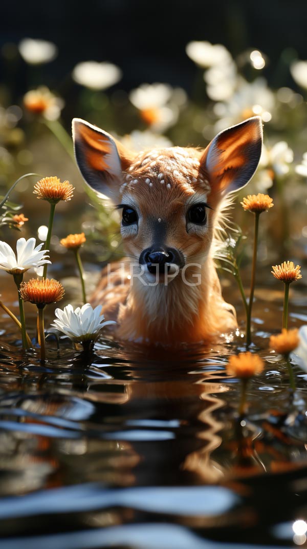 High Resolution: Cute young deer large alert ears delicate white spots its forehead partially submerged pond deer's big dark eyes gaze download. | HRJPG.com