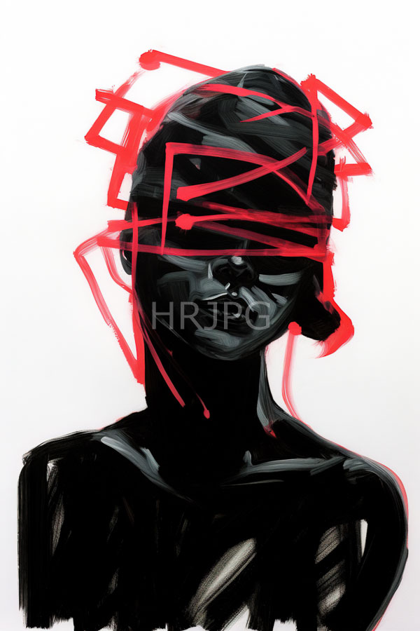 High Resolution: Black-skinned androgynous figure smooth glossy texture figure's face partially obscured chaotic red abstract lines that intersect across their download. | HRJPG.com