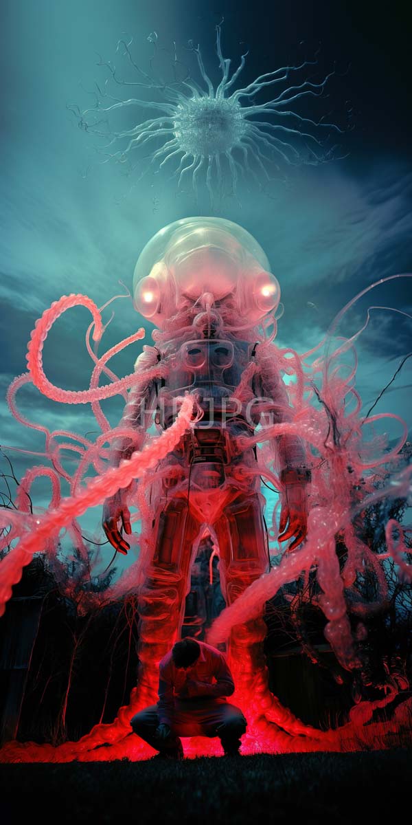 High Resolution: Humanoid figure transparent glowing red spacesuit large dome-shaped helmet figure surrounded swirling pink tentacle-like tendrils glowing spiky celestial object download. | HRJPG.com