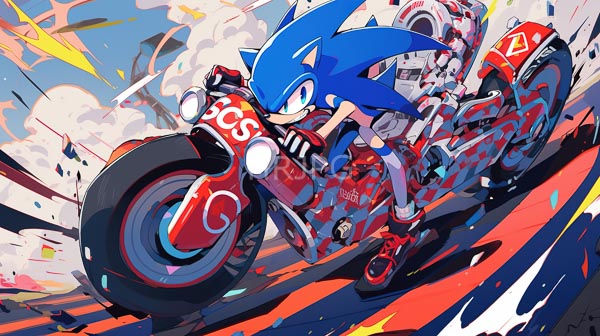 High Resolution: Sonic the Hedgehog blue anthropomorphic character spiky hair riding red and black racing motorcycle Sonic wears black and white racing download. | HRJPG.com