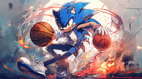 High Resolution: Dynamic Sonic the Hedgehog blue anthropomorphic hedgehog playing basketball Sonic wearing white and red basketball jersey white gloves and download. | HRJPG.com