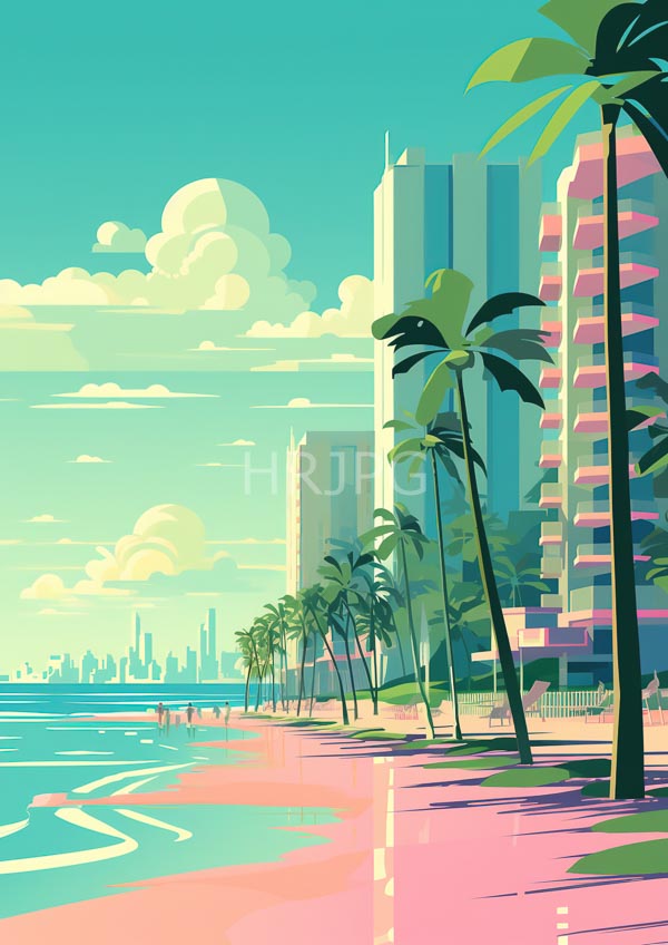 High Resolution: Vibrant tropical beach scene Tall palm trees line pink-sand shoreline leading modern high-rise buildings right turquoise ocean reflects download. | HRJPG.com