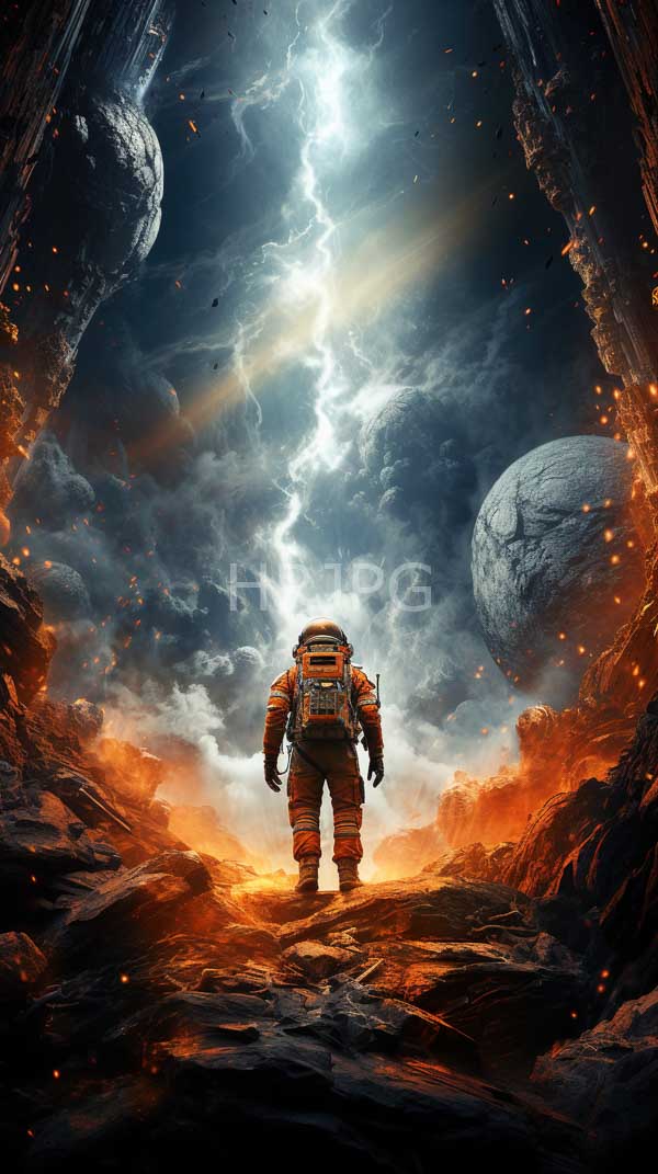 High Resolution: Lone astronaut orange and white spacesuit standing rocky fiery planet surface features dramatic lightning-filled sky two large rocky planets download. | HRJPG.com