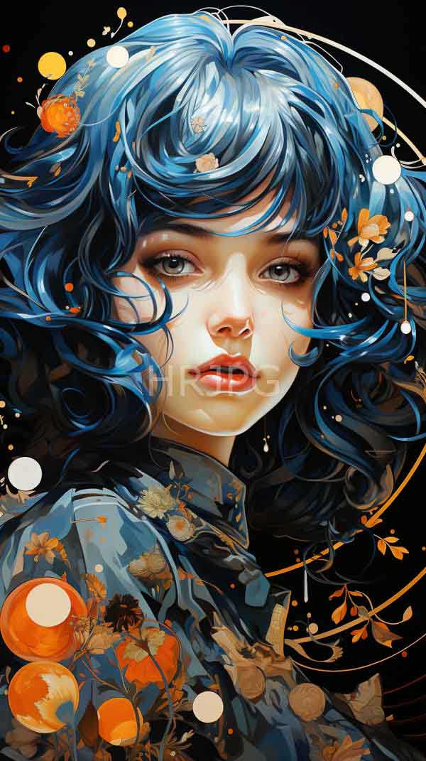 High Resolution: Young woman wavy blue hair fair skin large expressive eyes She wears blue floral-patterned shirt black orange and white circular download. | HRJPG.com