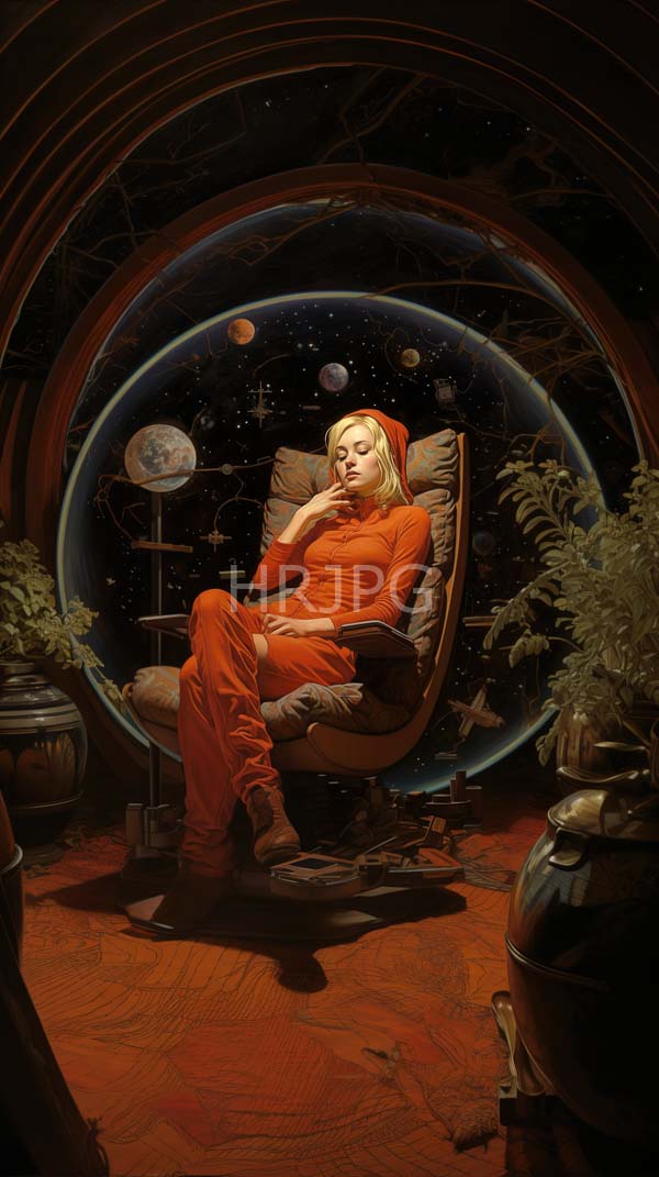High Resolution: Blonde woman orange spacesuit reclining futuristic cushioned chair inside spaceship She rests contemplative expression one hand near her face download. | HRJPG.com