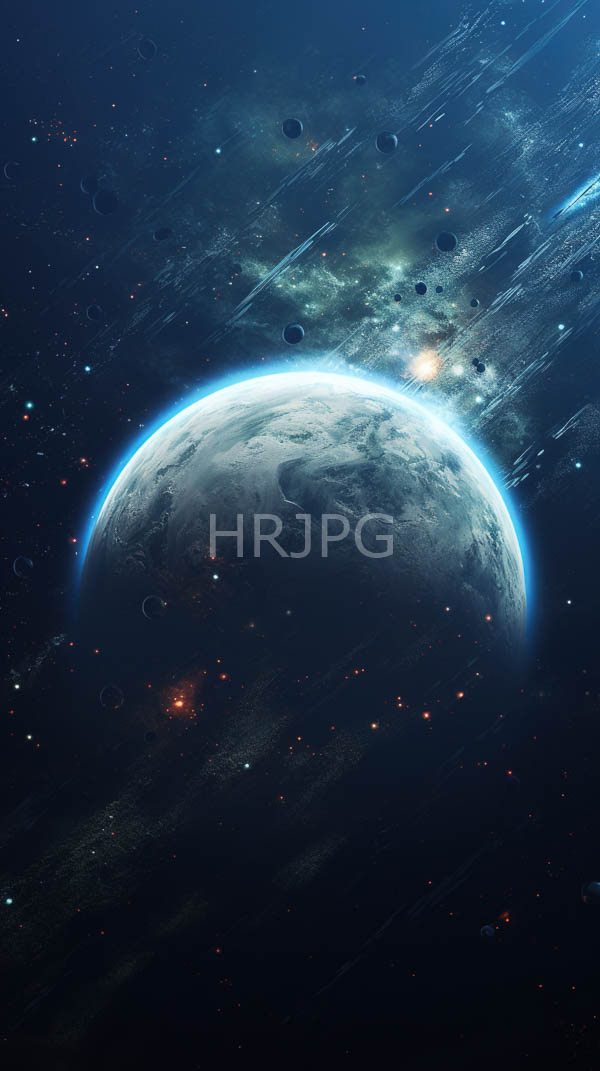 High Resolution: Planet glowing blue atmosphere partially illuminated distant star planet's surface textured dark rugged terrain Surrounding planet are numerous small download. | HRJPG.com