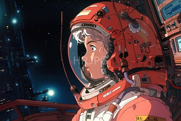 High Resolution: Young woman curly white hair red space suit gazing out spacecraft window starry night suit has clear visor various straps download. | HRJPG.com