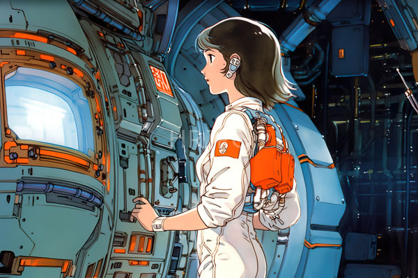 High Resolution: Anime-style young woman short brown hair wearing white astronaut suit orange accents standing futuristic spaceship's control room She has red download. | HRJPG.com