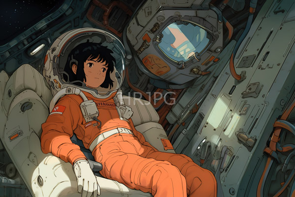 High Resolution: Young woman short black hair wearing orange space suit white helmet seated spacecraft features detailed cluttered interior various control panels download. | HRJPG.com