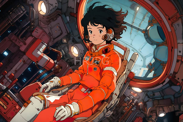 High Resolution: Anime-style young woman short curly black hair wearing orange space suit white gloves headset seated futuristic spacecraft cockpit download. | HRJPG.com