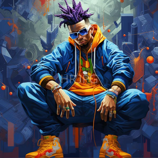 High Resolution: Confident dark-skinned man purple dreadlocks wearing blue jacket orange hoodie matching pants He squats legs apart adorned multiple rings download. | HRJPG.com